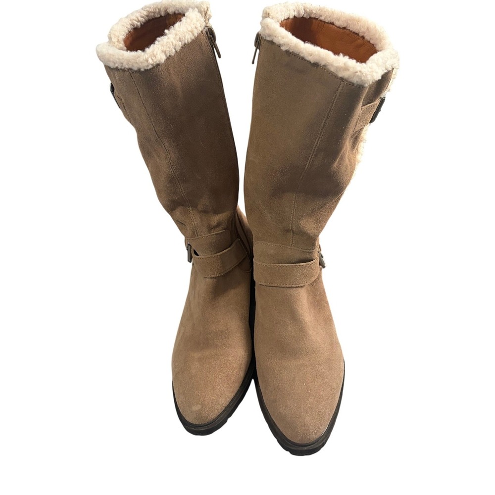 Lucky Brand Jacoba Tan Leather Suede Faux Fur Trim Buckle Lug Sole Boots 8M